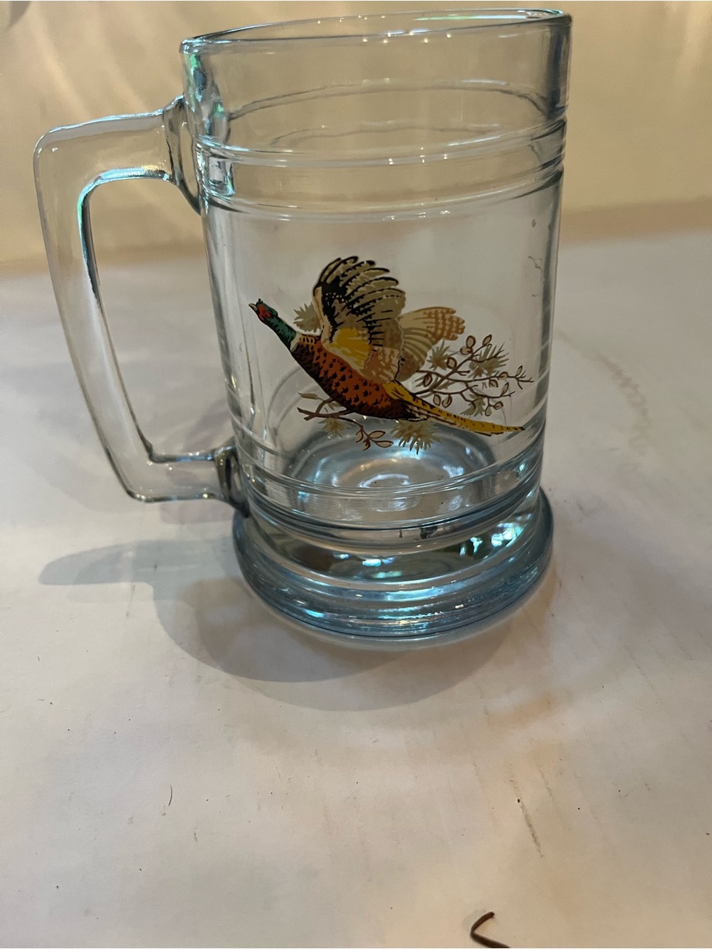 Clear Glass Beer Mug with Pheasant Decal - Yellow & Green Accent